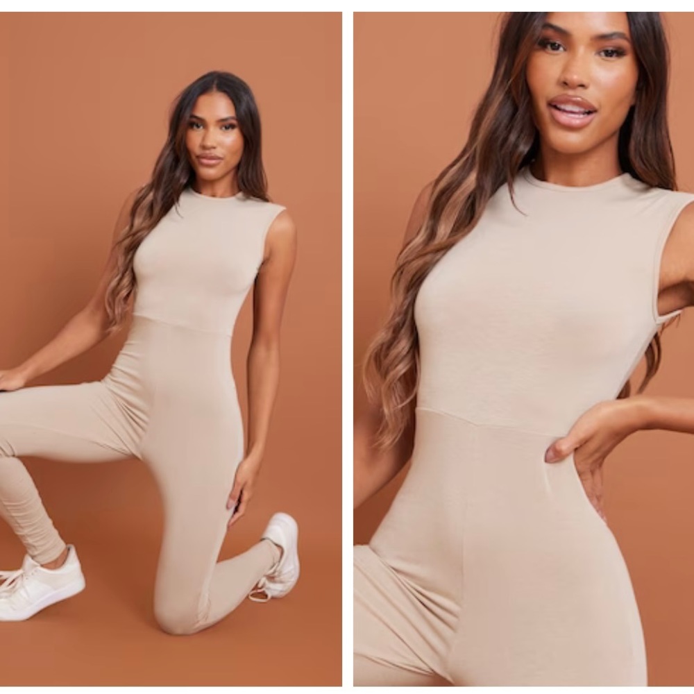 PrettyLittleThing Stone Contour Jersey Sleeveless Jumpsuit Size 0 XS One Piece